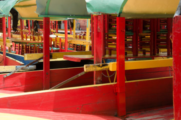Fototapeta na wymiar Trajineras, traditional and colorful boats, in Xochimilco, Mexico