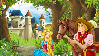 Obraz na płótnie Canvas Cartoon nature scene with beautiful castle near the forest and princess - illustration for the children