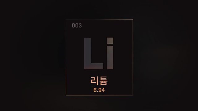 Lithium as Element 3 of the Periodic Table. Seamlessly looping 3D animation on grey illuminated atom design background orbiting electrons name, atomic weight element number in Korean language