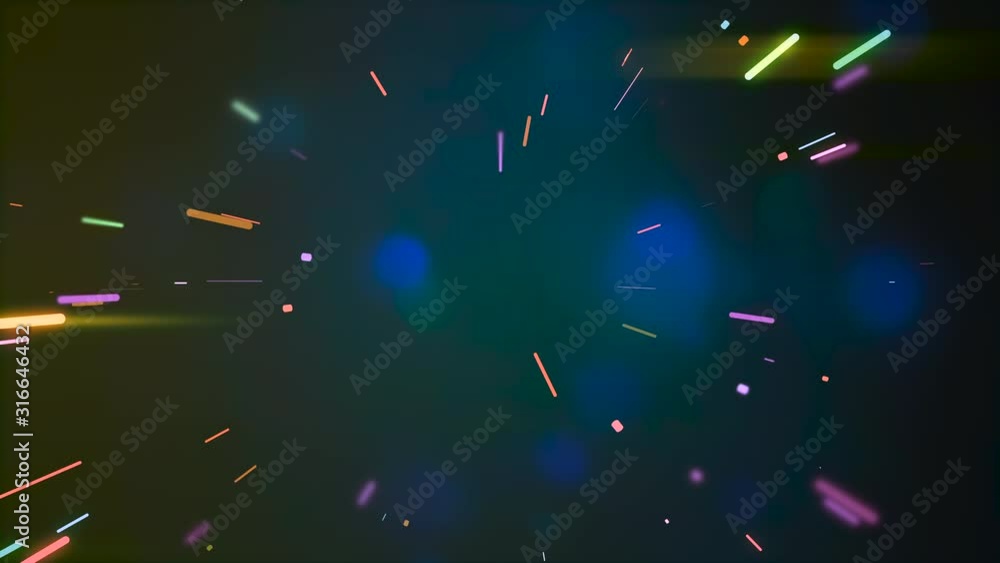Poster multicolored neon glowing rays in tunnel motion with translucent bokeh particles floating around.