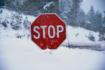 This is a stop sign after a freshly fallen snow. The snow is piled up high underneath the stop...