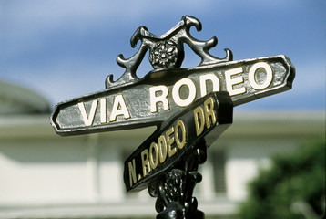 This is the street sign for Rodeo Drive and Via Rodeo Drive in Beverly Hills.