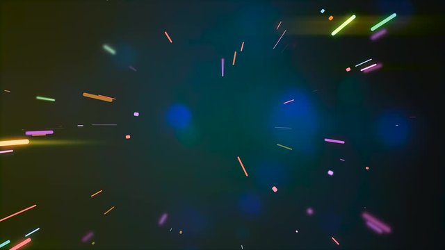 Multicolored neon glowing rays in tunnel motion with translucent bokeh particles floating around.