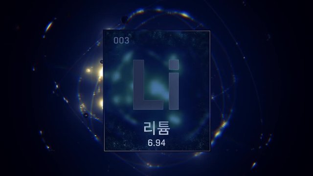 Lithium as Element 3 of the Periodic Table. Seamlessly looping 3D animation on blue illuminated atom design background orbiting electrons name, atomic weight element number in Korean language