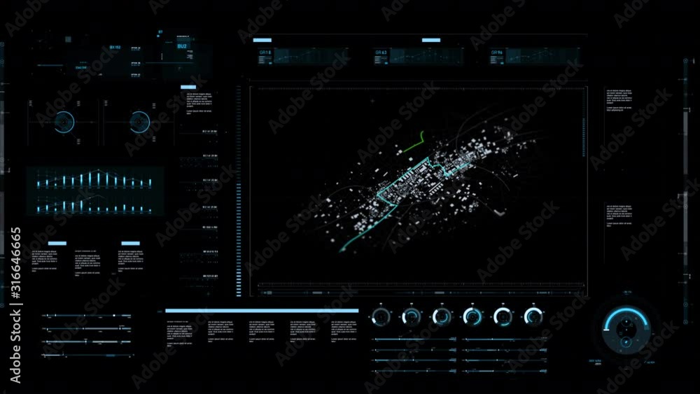 Poster futuristic user interface with graph bar element and city map with gps navigator and different color