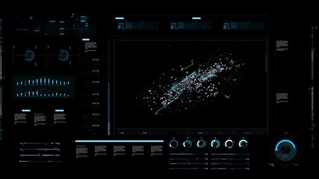 Futuristic user interface with graph bar element and city map with GPS navigator and different color route waypoint over the dark background