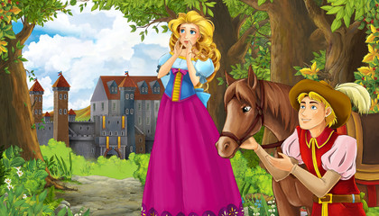 Obraz na płótnie Canvas Cartoon nature scene with beautiful castle near the forest and princess - illustration for the children
