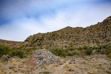 Mountain landscape. Sheer cliff and sky. Travel and adventure.