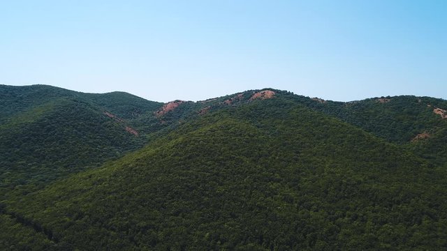 Close-up view of the picturesque green slopes covered with small trees and shrubs against the blue cloudy sky in summer day. Shot. Beautiful mountain scenery