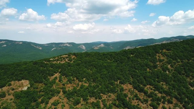 Close-up view of the picturesque green slopes covered with small trees and shrubs against the blue cloudy sky in summer day. Shot. Beautiful mountain scenery