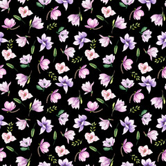 Watercolor seamless pattern with pink and lilac tropical flowers magnolias, green leaves, gold elements. Wedding invitations, greeting cards