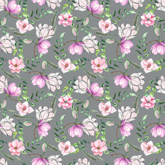 Watercolor seamless pattern with pink and lilac tropical flowers magnolias, green leaves, gold elements. Wedding invitations, greeting cards