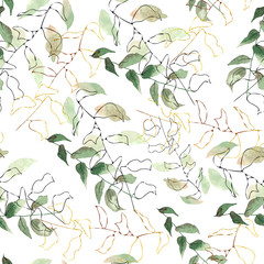 Motif harmonieux d& 39 aquarelle avec des magnolias de fleurs tropicales roses et lilas, des feuilles vertes, des éléments dorés. Invitations de mariage, cartes de voeux
