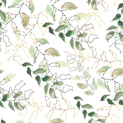 Tapeten Aquarell nahtlose Muster mit rosa und lila tropischen Blumen Magnolien, grüne Blätter, Goldelemente. Hochzeitseinladungen, Grußkarten © Анна Егорова