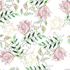 Watercolor seamless pattern with pink and lilac tropical flowers magnolias, green leaves, gold elements. Wedding invitations, greeting cards