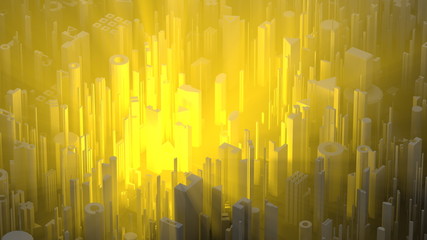 Abstract and futuristic city lit by orange and warm volumetric light. high quality 3d illustration background. Aerial shot