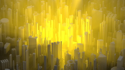 Abstract and futuristic city lit by orange and warm volumetric light. high quality 3d illustration background. Aerial shot