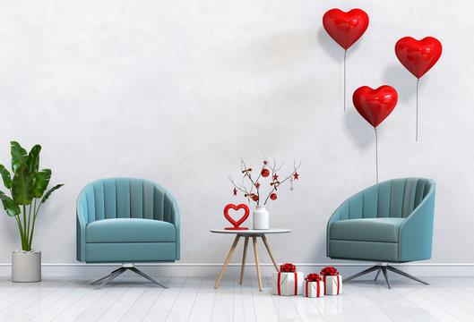 living room and sofa interior design 3D illustration, valentine heart balloon.