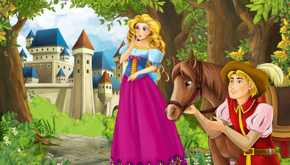 Cartoon nature scene with beautiful castle near the forest and princess - illustration for the children