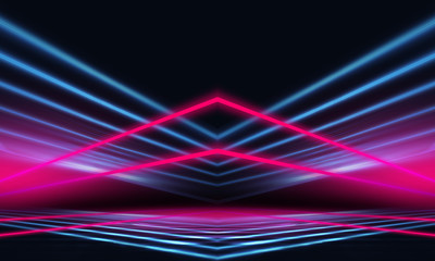 Empty dark abstract background. Background of empty show scene. Glow of neon lights on an empty concert stage.