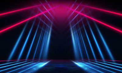 Fototapeta premium Empty dark abstract background. Background of empty show scene. Glow of neon lights on an empty concert stage.