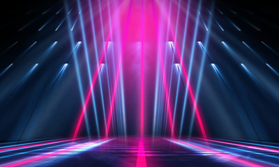 Empty dark abstract background. Background of empty show scene. Glow of neon lights on an empty concert stage.