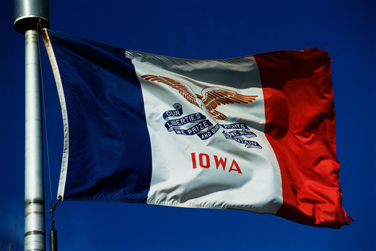 This is the Iowa State flag, waving in the wind. It is on a flagpole against a blue sky. There are three colors on the flag, the center background is white.