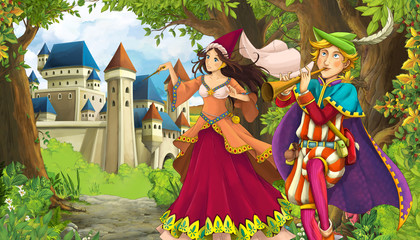 Fototapeta na wymiar Cartoon nature scene with beautiful castle near the forest and princess - illustration for the children