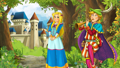 Cartoon nature scene with beautiful castle near the forest and princess - illustration for the children