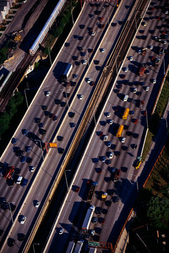 Aerial of Chicago freeway in rush hour from Helicopter view, Illinois