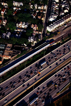 Aerial of Chicago freeway in rush hour from Helicopter view, Illinois
