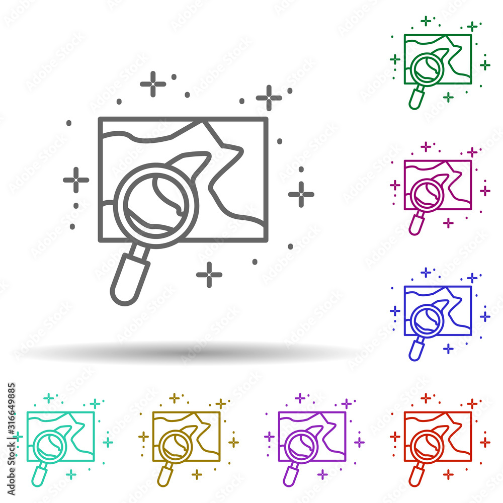 Poster map, magnifier in multi color style icon. simple thin line, outline vector of geography icons for ui