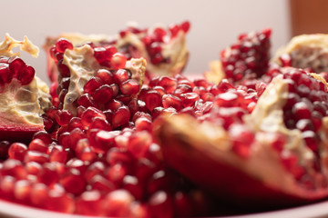 Pomegranate seeds in plate close up 