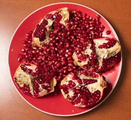 Pomegranate seeds in plate close up 