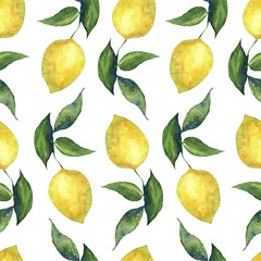Summer pattern with ripe lemons on a branch with leaves,white background