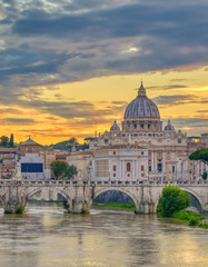 Fototapeta na wymiar A view along the Tiber River towards St. Peter's Basilica and the Vatican in Rome, Italy.