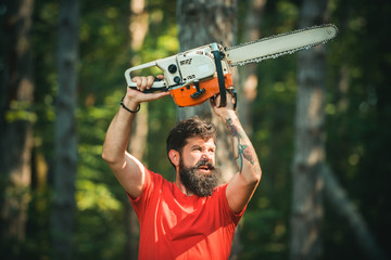 Lumberjack in the woods with chainsaw axe. Handsome young man with axe near forest. Chainsaw....