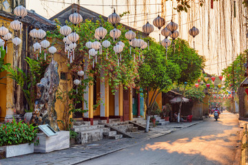 Fabulous view of cozy street decorated with silk lanterns