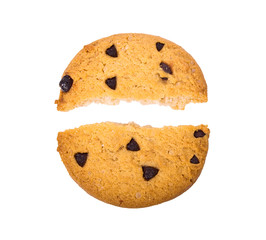 homemade chocolate chips cookies on white background in top view, clippoing paths