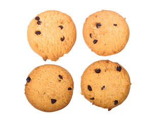 homemade chocolate chips cookies on white background in top view, clipoing paths