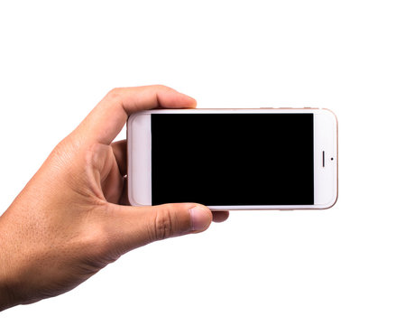 Man hand holding horizontal the white smartphone with blank screen, isolated on white background, clipping paths