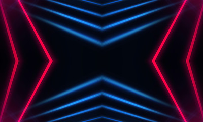 Dark neon background with lines and rays. Blue and pink neon. Abstract futuristic background. Night scene with neon, light reflection. Neon lines, shapes. Multi-colored glow, blurry lights.