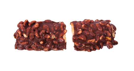 Chocolate bar with caramel wafer isolated on white background, clipping paths