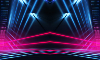 Fototapeta na wymiar Dark neon background with lines and rays. Blue and pink neon. Abstract futuristic background. Night scene with neon, light reflection. Neon lines, shapes. Multi-colored glow, blurry lights.