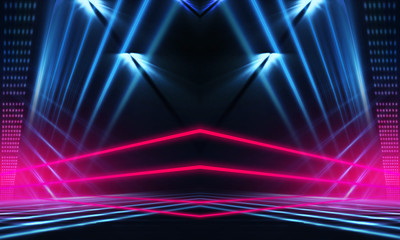 Dark neon background with lines and rays. Blue and pink neon. Abstract futuristic background. Night scene with neon, light reflection. Neon lines, shapes. Multi-colored glow, blurry lights.