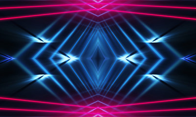 Dark neon background with lines and rays. Blue and pink neon. Abstract futuristic background. Night scene with neon, light reflection. Neon lines, shapes. Multi-colored glow, blurry lights.