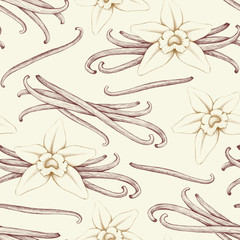 Hand drawn illustrations of vanilla. Seamless pattern