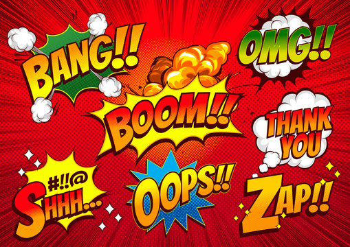 vintage comic book, speed line and bubbles, yellow font color on red background, pop art Vector illustration file,