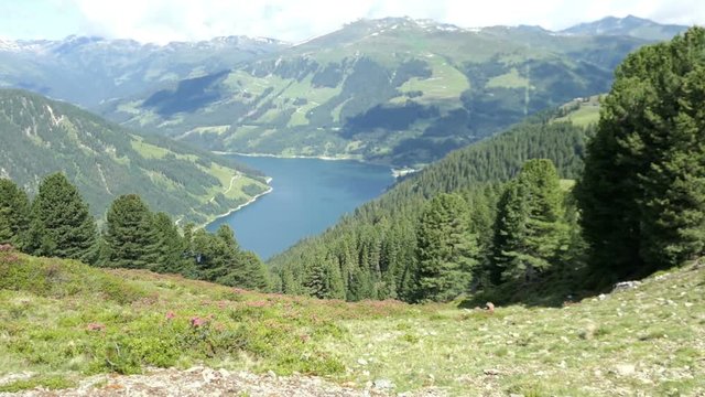 Landscape of High Taunern Mountain range with lake Durlassboden in Gerlostal valley Austria.