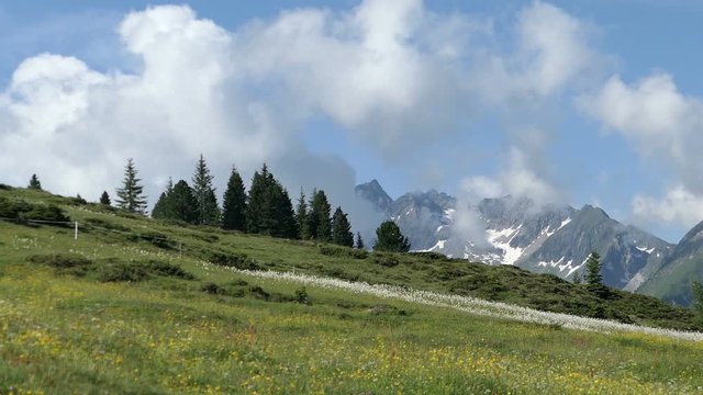 Landscape of high taunern mountain range in Austrian Alps. Snowy mountain peans and Pine tree forest and farmland.